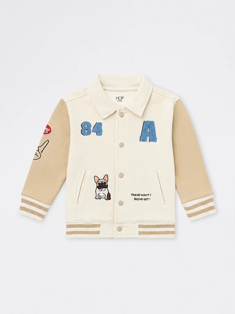 HOP Kids Boys Beige Colour-Blocked Cotton-Blend Varsity Jacket