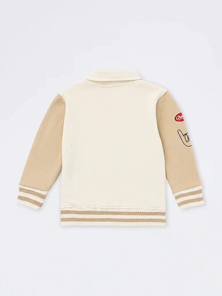 HOP Kids Boys Beige Colour-Blocked Cotton-Blend Varsity Jacket
