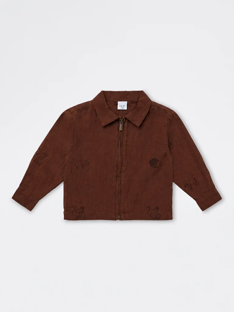 HOP Kids Boys Brown Animal Embroidered Cotton Jacket