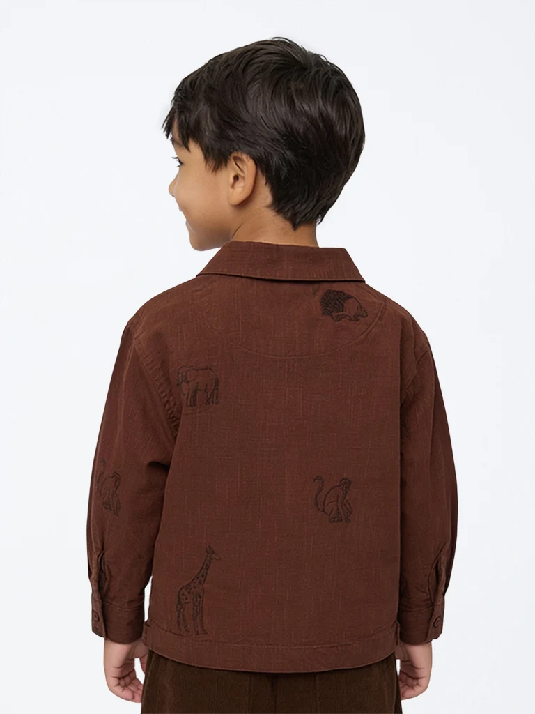 HOP Kids Boys Brown Animal Embroidered Cotton Jacket