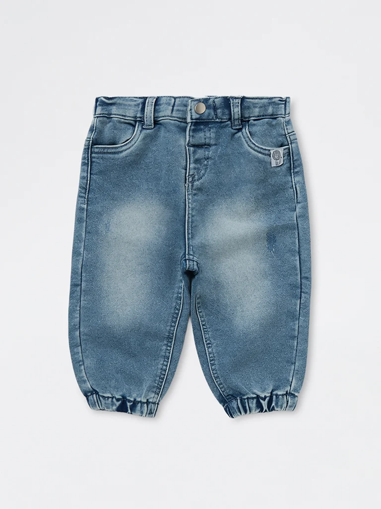 HOP Baby Boys Blue Faded High-Rise Jeans