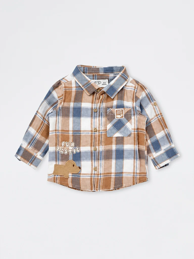 HOP Baby Boys Light Brown Checkered Cotton Shirt