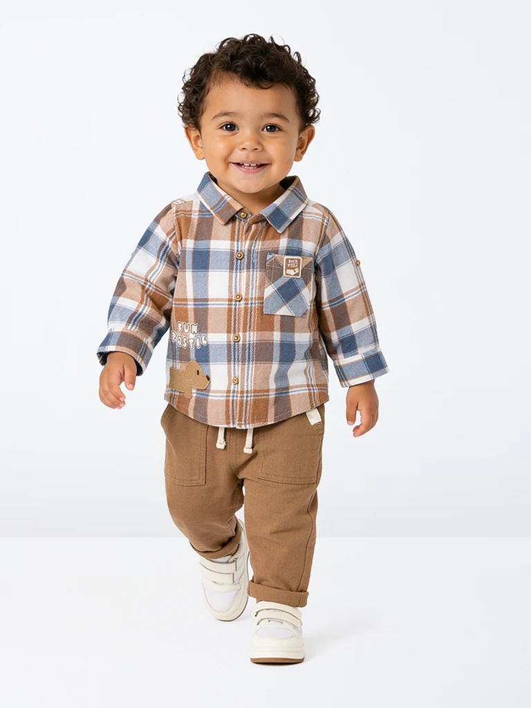 HOP Baby Boys Light Brown Checkered Cotton Shirt