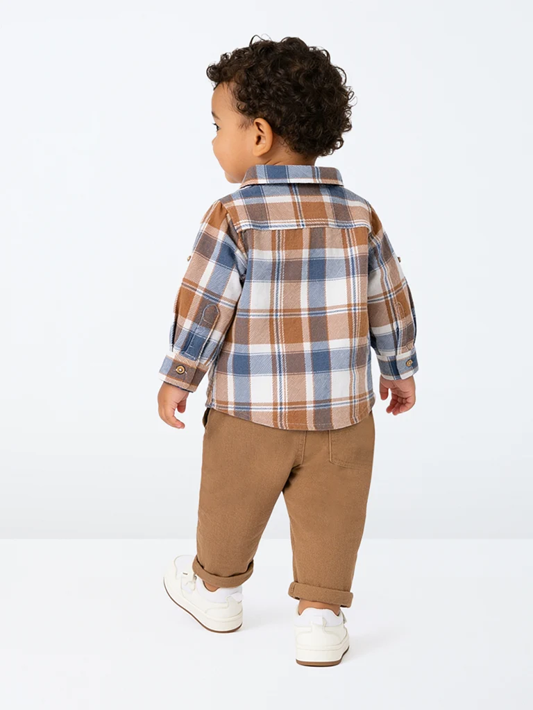 HOP Baby Boys Light Brown Checkered Cotton Shirt