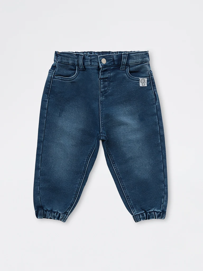 HOP Baby Boys Dark Blue Faded High-Rise Jeans