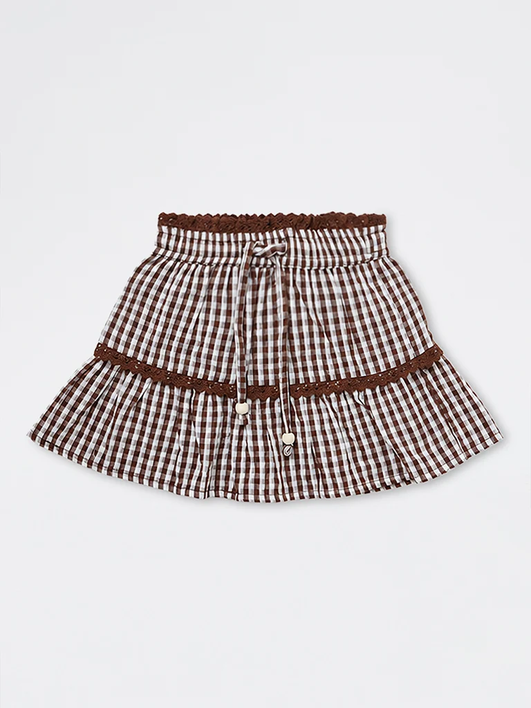HOP Kids Girls Brown Checkered Cotton High-Rise Skirt
