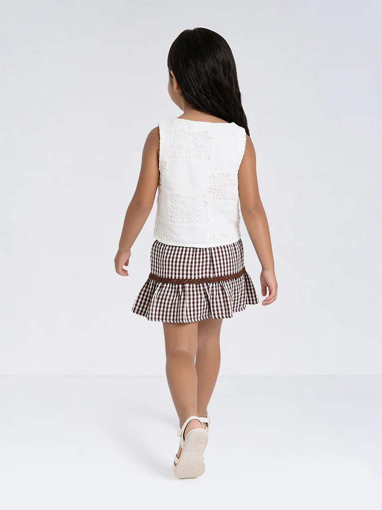 HOP Kids Girls Brown Checkered Cotton High-Rise Skirt