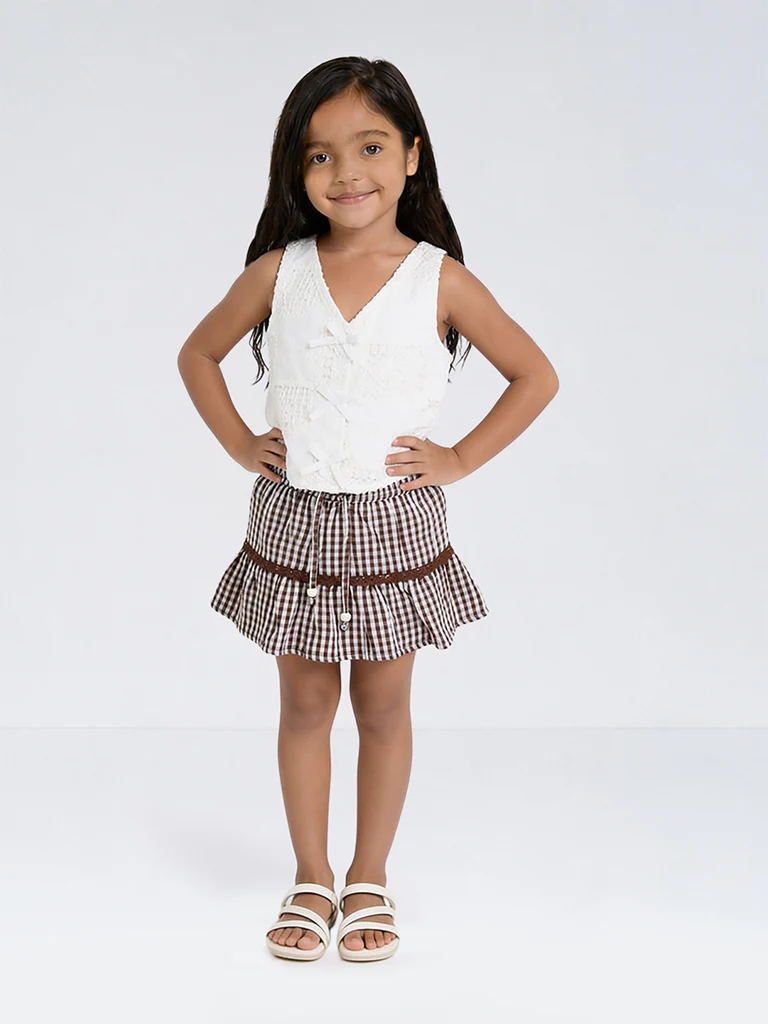 HOP Kids Girls Brown Checkered Cotton High-Rise Skirt