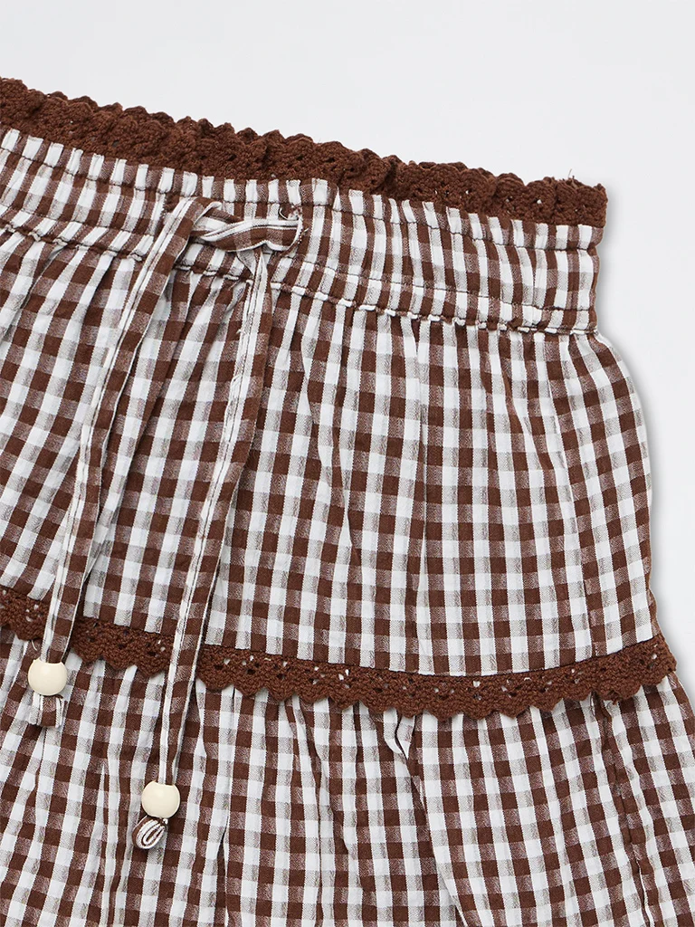 HOP Kids Girls Brown Checkered Cotton High-Rise Skirt