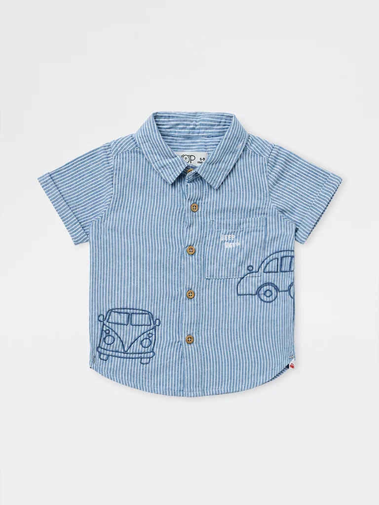 HOP Baby Boys Blue Embroidered Denim Shirt