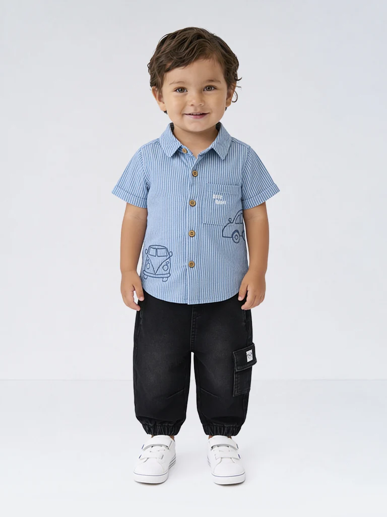 HOP Baby Boys Blue Embroidered Denim Shirt