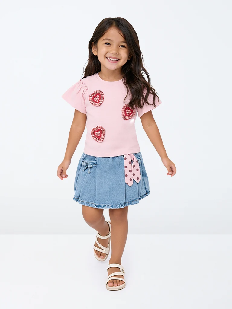 HOP Kids Girls Blue High-Rise Denim Skirt with Satin Bandana