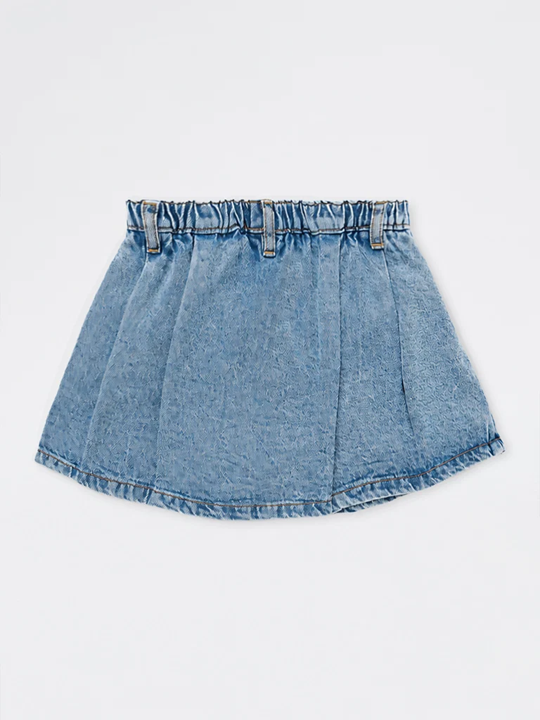 HOP Kids Girls Blue High-Rise Denim Skirt with Satin Bandana