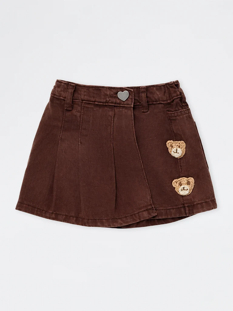 HOP Kids Girls Dark Brown Crochet-Detail High-Rise Denim Skorts