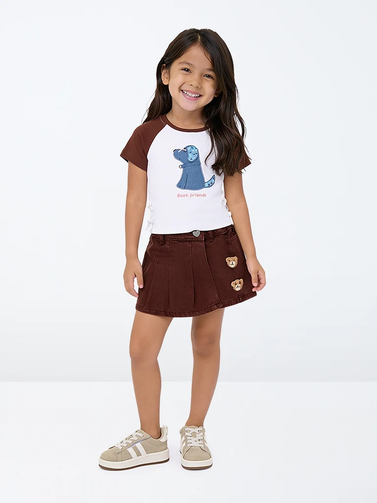 HOP Kids Girls Dark Brown Crochet-Detail High-Rise Denim Skorts