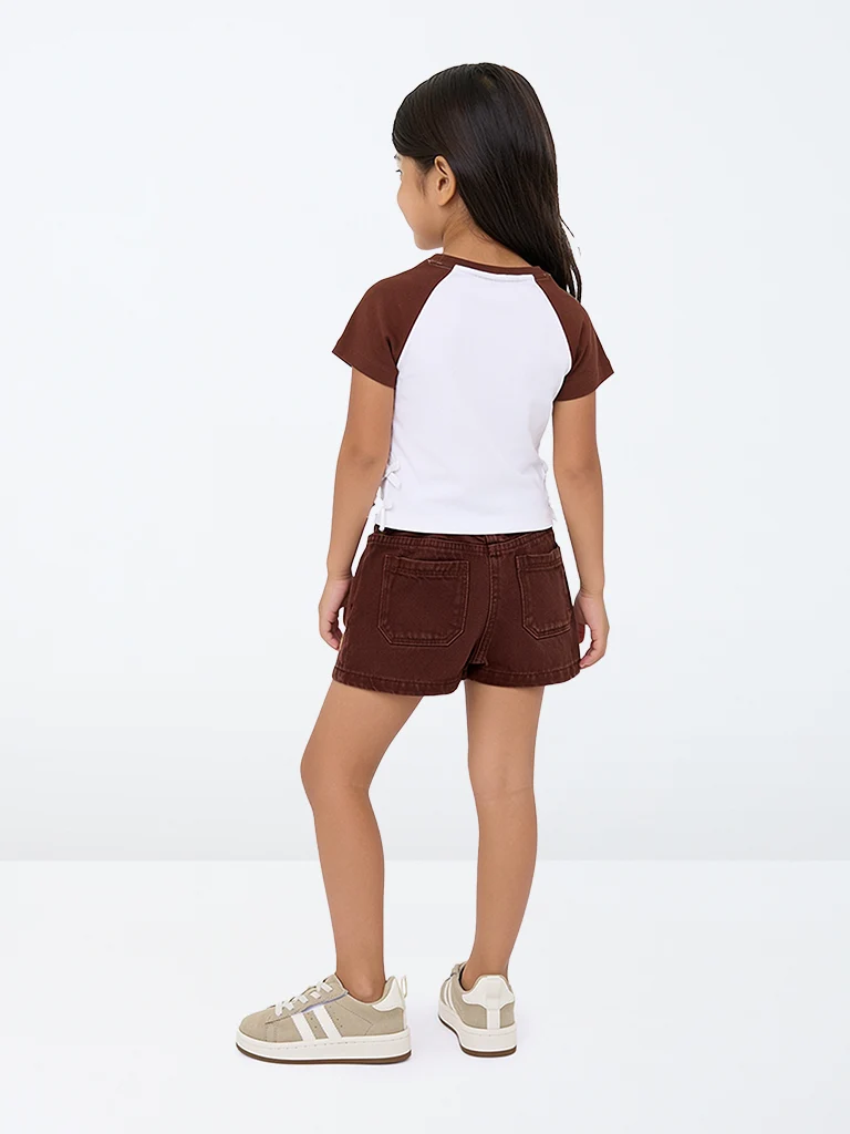 HOP Kids Girls Dark Brown Crochet-Detail High-Rise Denim Skorts