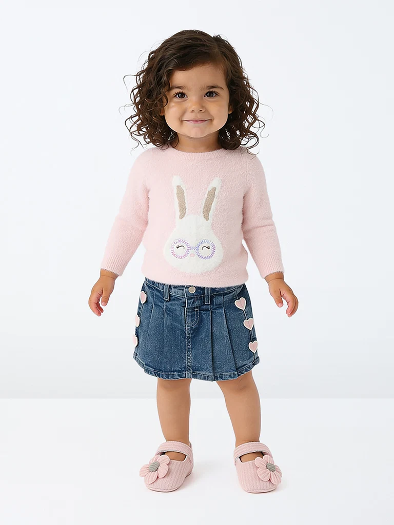 HOP Baby Girls Blue Washed Heart-Detailed High-Rise Denim Skorts