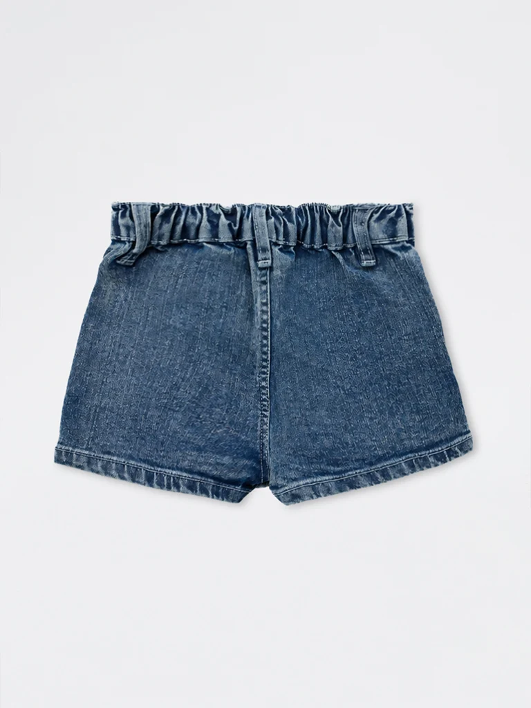 HOP Baby Girls Blue Washed Heart-Detailed High-Rise Denim Skorts