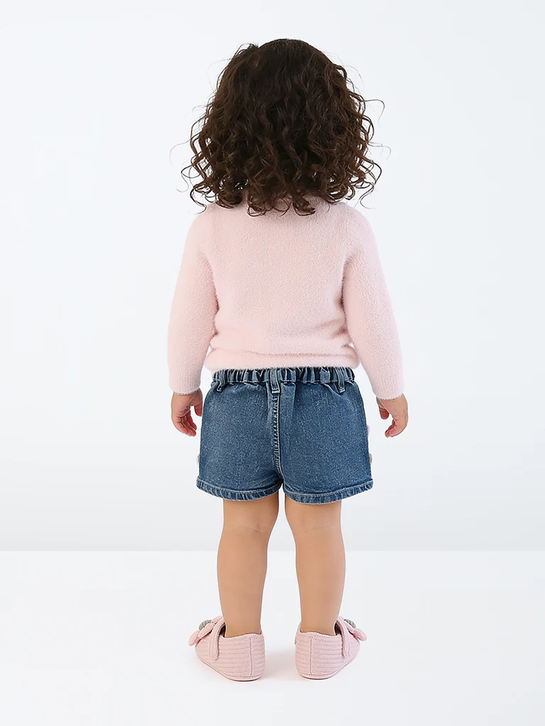 HOP Baby Girls Blue Washed Heart-Detailed High-Rise Denim Skorts