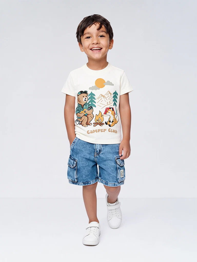 HOP Kids Boys Off-White Camping-Inspired Embossed Cotton T-Shirt