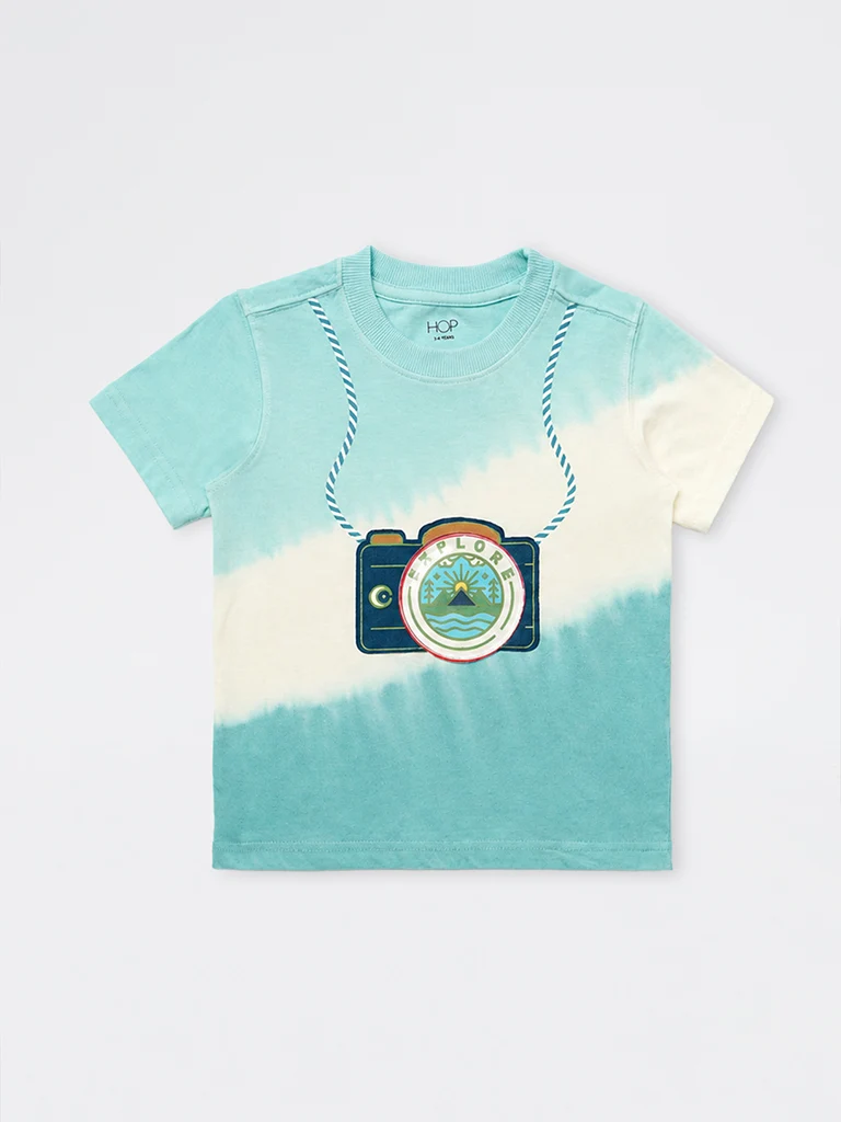 HOP Kids Boys Teal Tie-Dye Printed Cotton T-Shirt