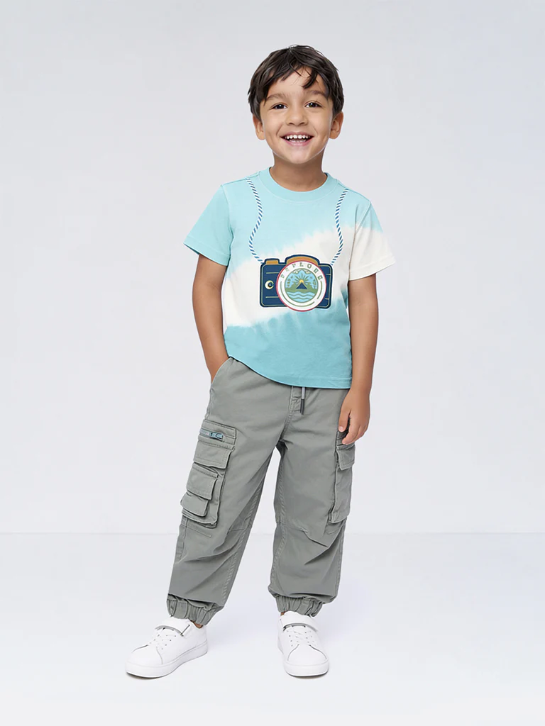 HOP Kids Boys Teal Tie-Dye Printed Cotton T-Shirt
