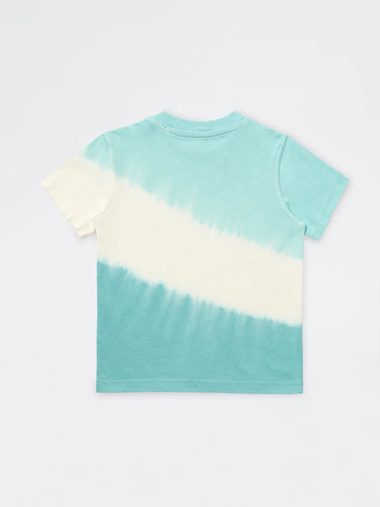 HOP Kids Boys Teal Tie-Dye Printed Cotton T-Shirt