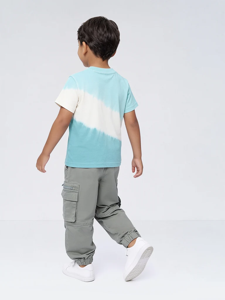 HOP Kids Boys Teal Tie-Dye Printed Cotton T-Shirt