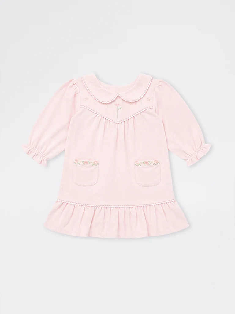 HOP Baby Girls Pink Floral Embroidered Corduroy Cotton Top