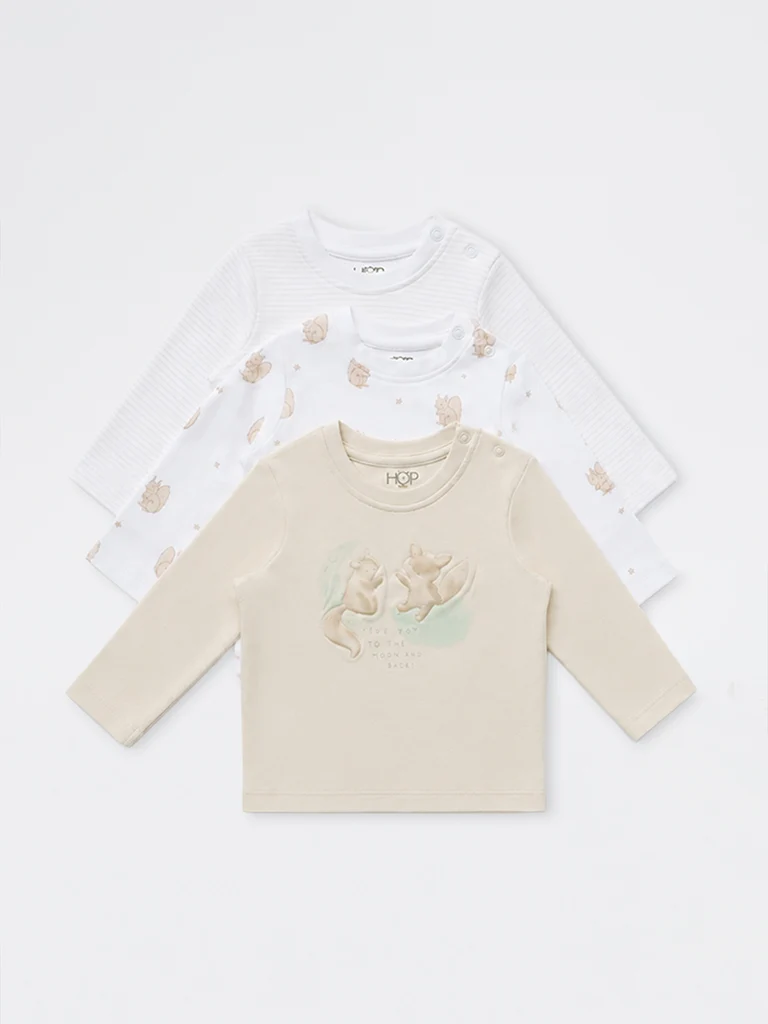 HOP Baby Boys Light Beige Animal Printed Cotton T-Shirts - Pack of 3