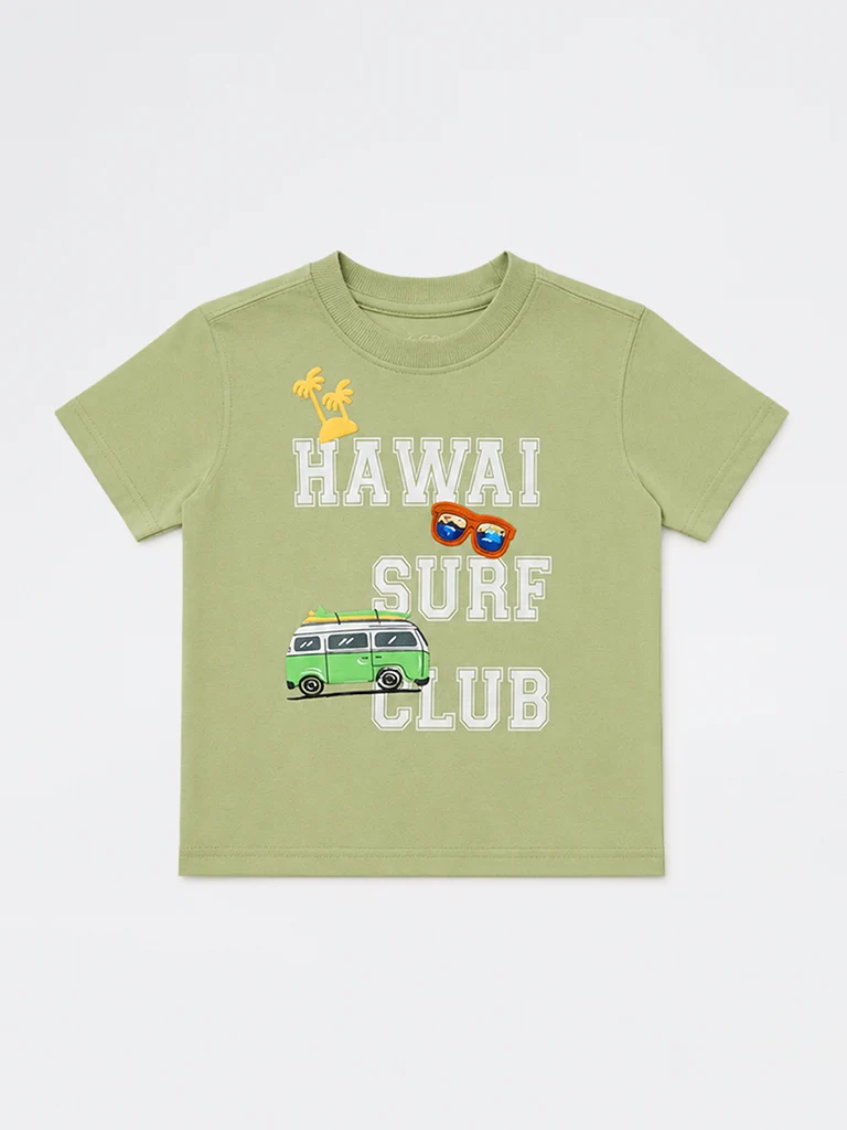 HOP Kids Boys Light Green Text Printed Cotton T-Shirt