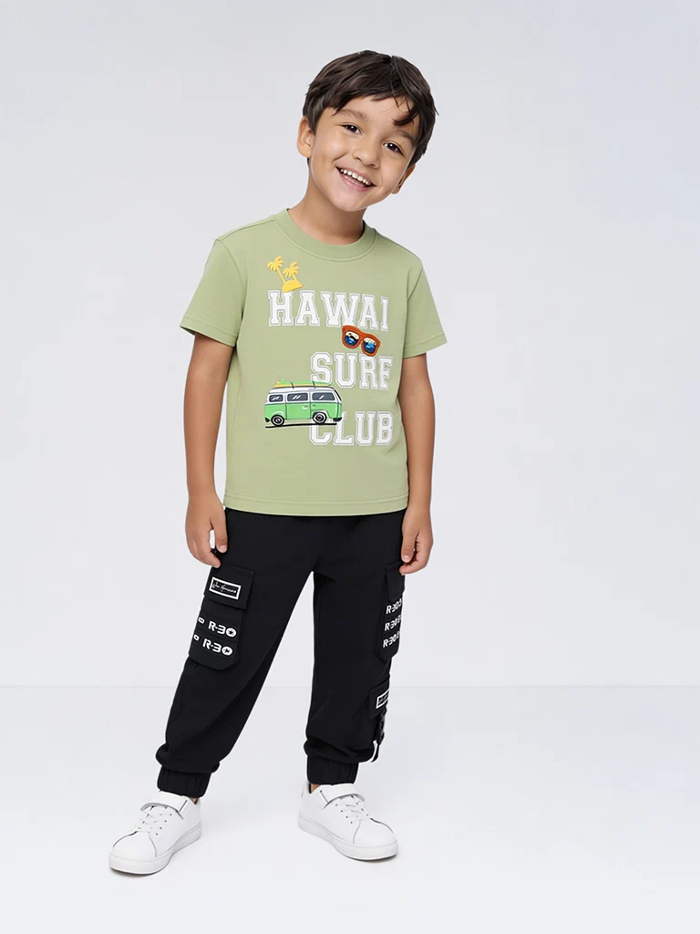 HOP Kids Boys Light Green Text Printed Cotton T-Shirt