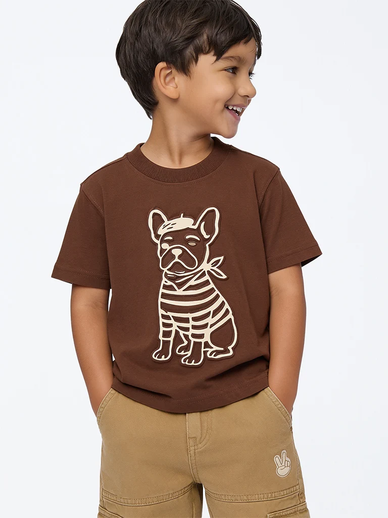 HOP Kids Boys Brown Dog Embossed Cotton T-Shirt