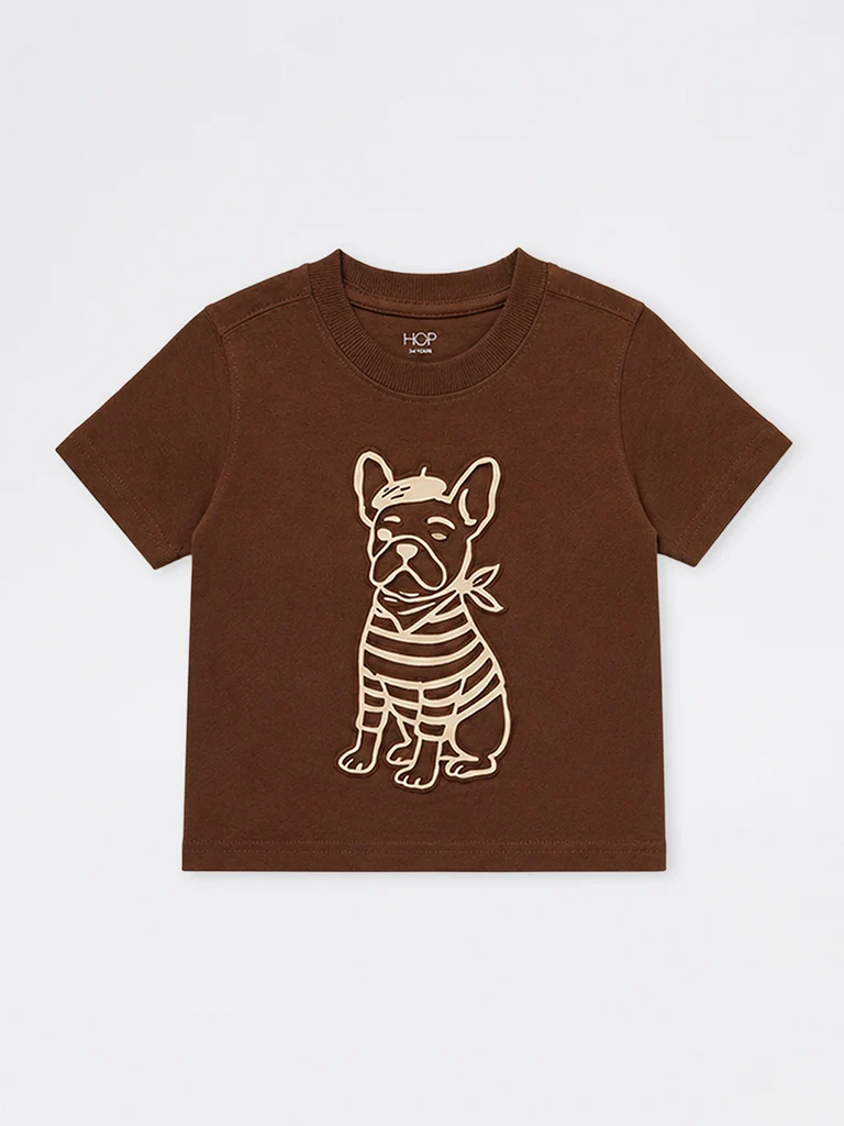 HOP Kids Boys Brown Dog Embossed Cotton T-Shirt