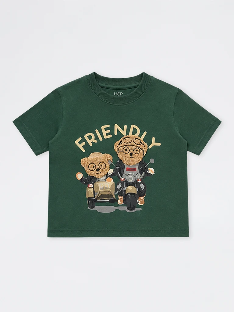 HOP Kids Boys Green Teddy Design Cotton T-Shirt