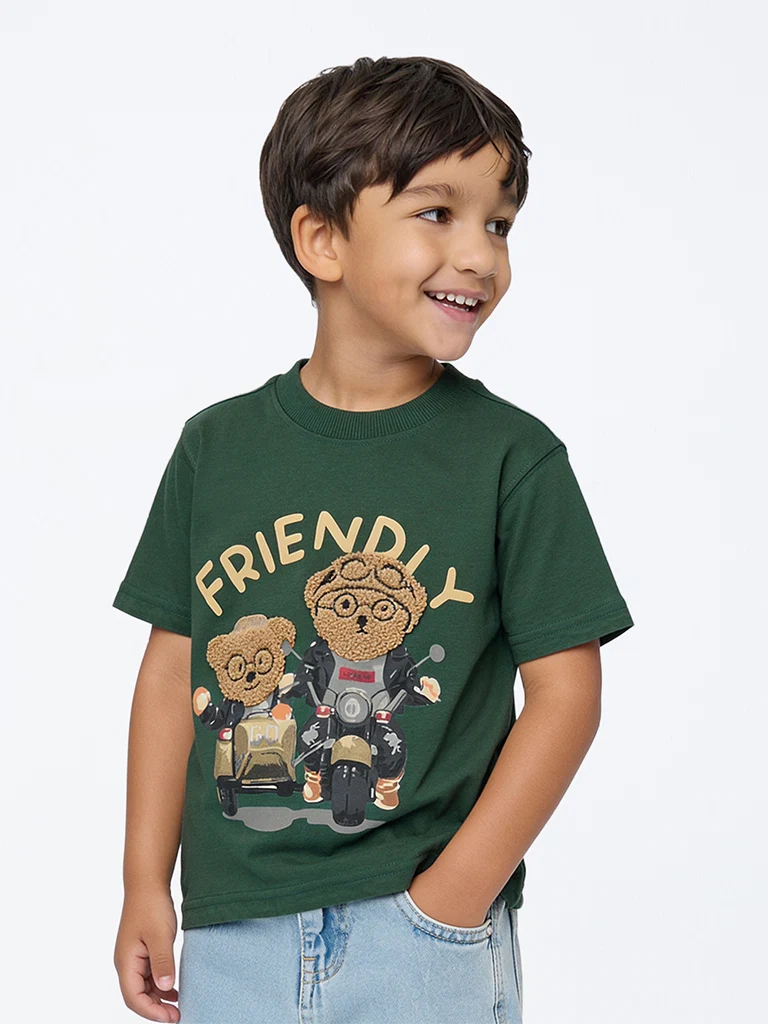 HOP Kids Boys Green Teddy Design Cotton T-Shirt