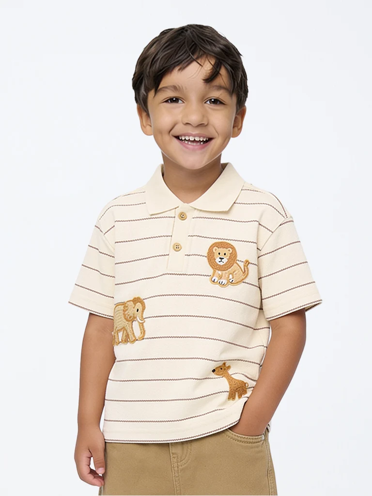 HOP Kids Boys Beige Striped Cotton-Blend Polo T-Shirt