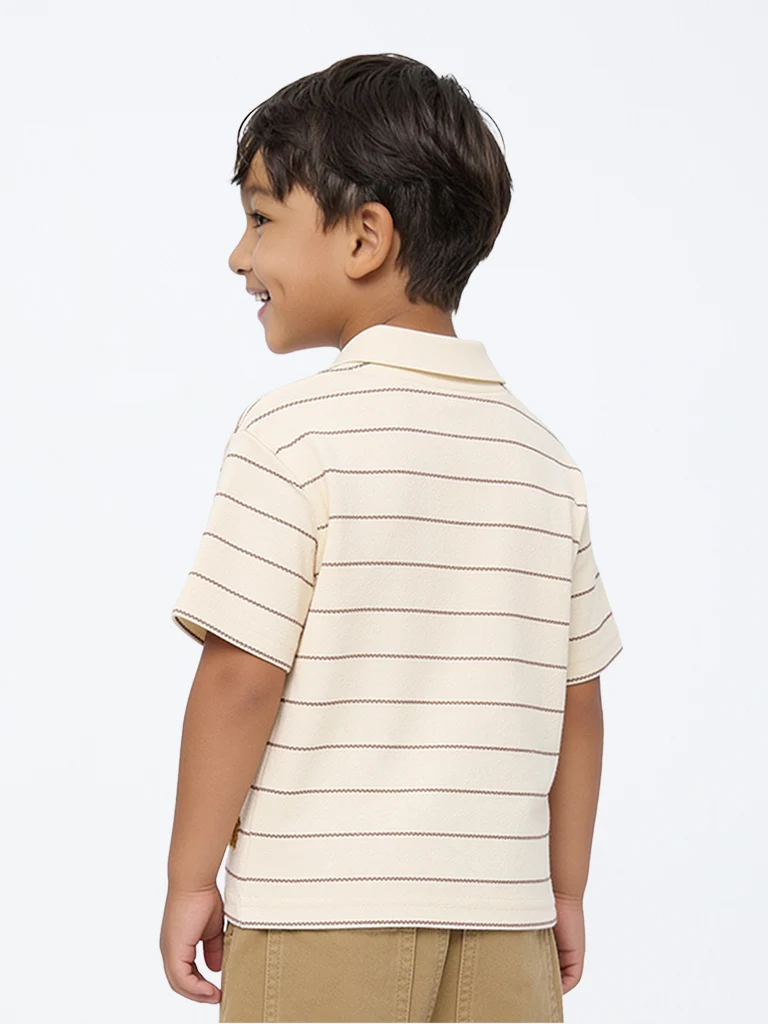 HOP Kids Boys Beige Striped Cotton-Blend Polo T-Shirt
