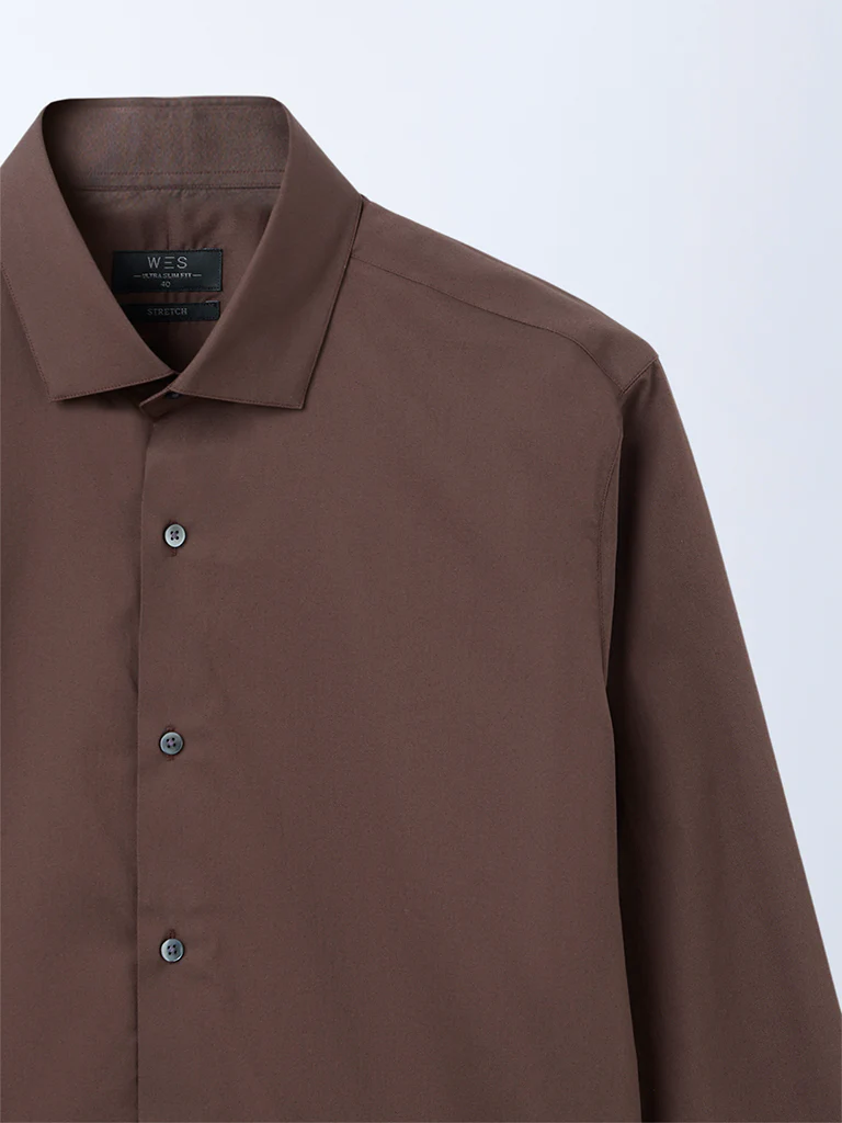 WES Formals Dark Brown Solid Ultra Slim-Fit Cotton Shirt