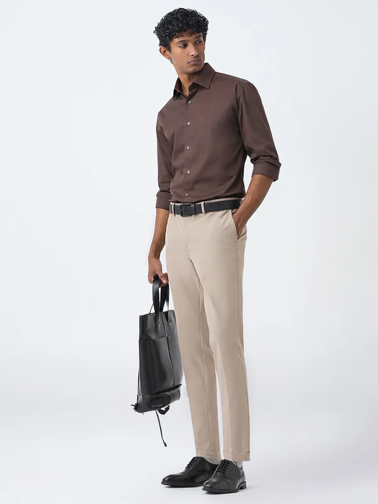 WES Formals Dark Brown Solid Ultra Slim-Fit Cotton Shirt