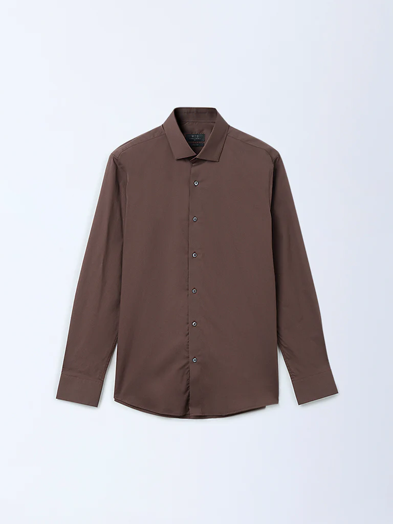 WES Formals Dark Brown Solid Ultra Slim-Fit Cotton Shirt