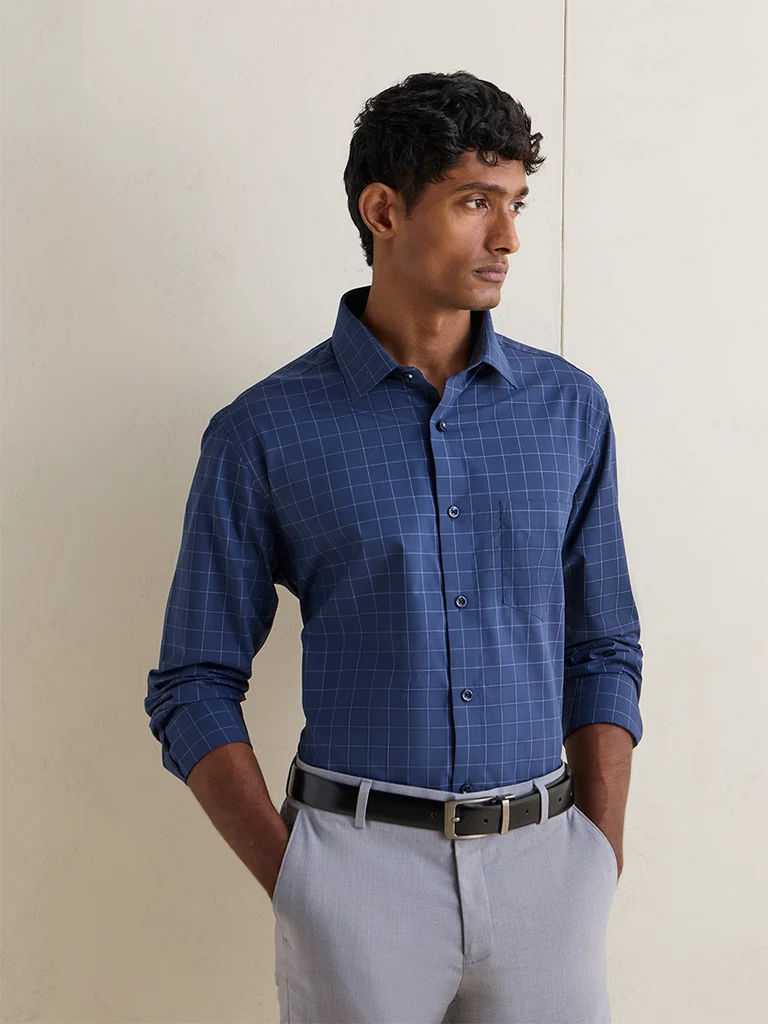 WES Formals Navy Checkered Relaxed-Fit Cotton Shirt
