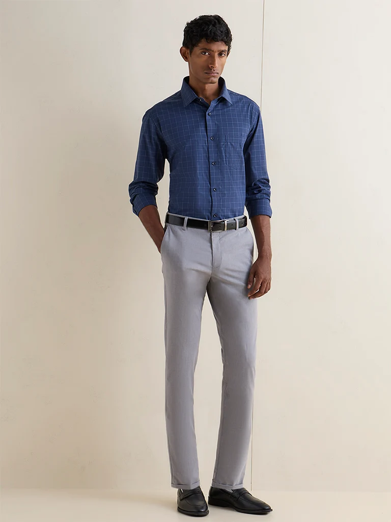 WES Formals Navy Checkered Relaxed-Fit Cotton Shirt