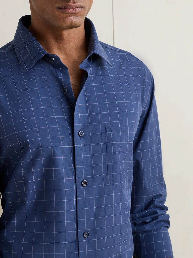WES Formals Navy Checkered Relaxed-Fit Cotton Shirt