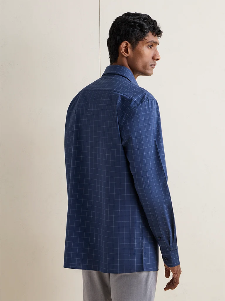 WES Formals Navy Checkered Relaxed-Fit Cotton Shirt