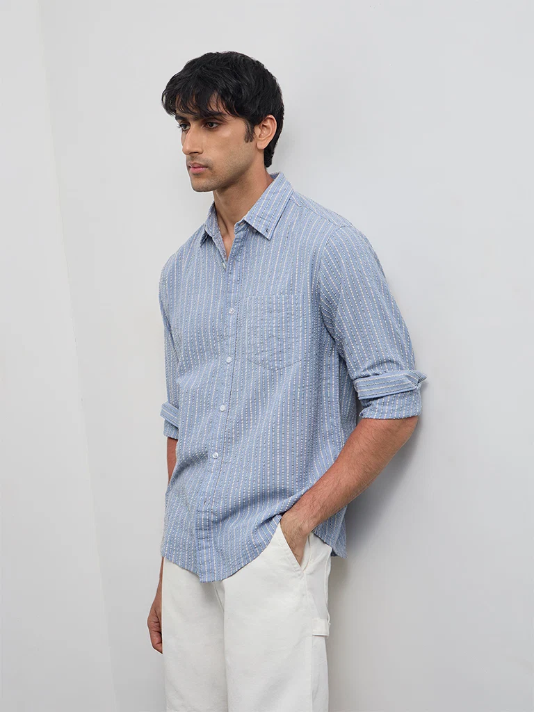 Casuals Dusty Blue Striped Relaxed-Fit Cotton Shirt