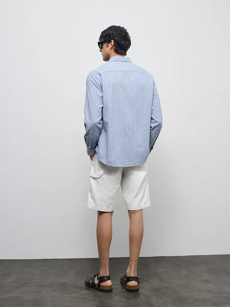 Casuals Dusty Blue Striped Relaxed-Fit Cotton Shirt