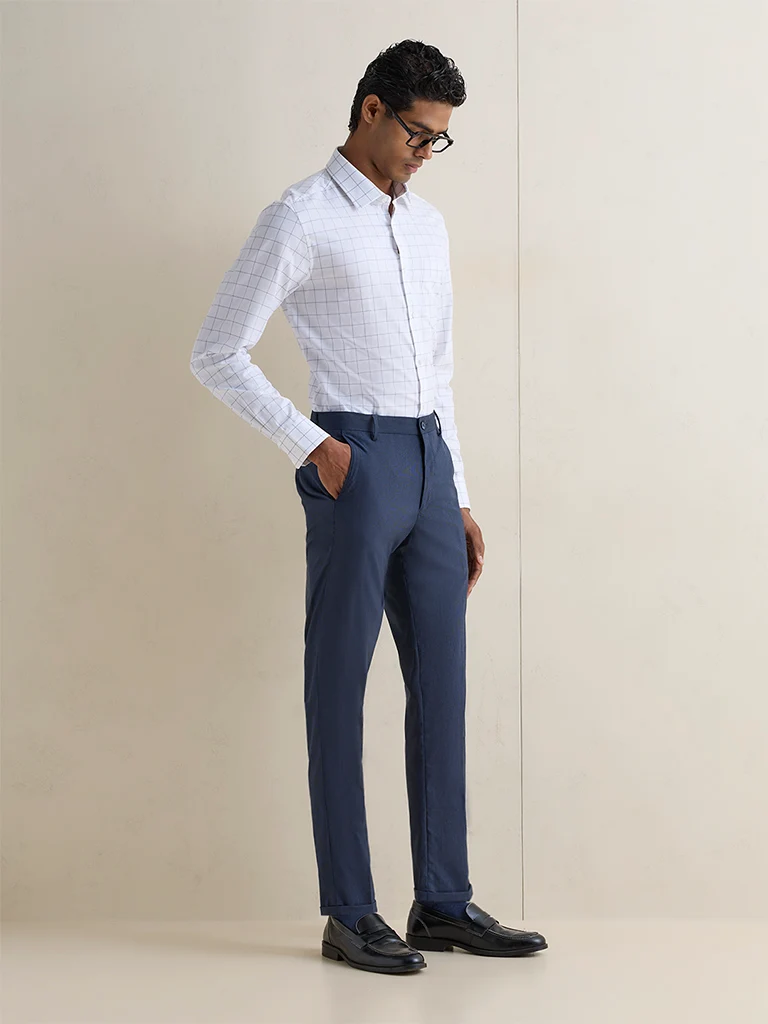 WES Formals Blue Checkered Slim-Fit Cotton Shirt