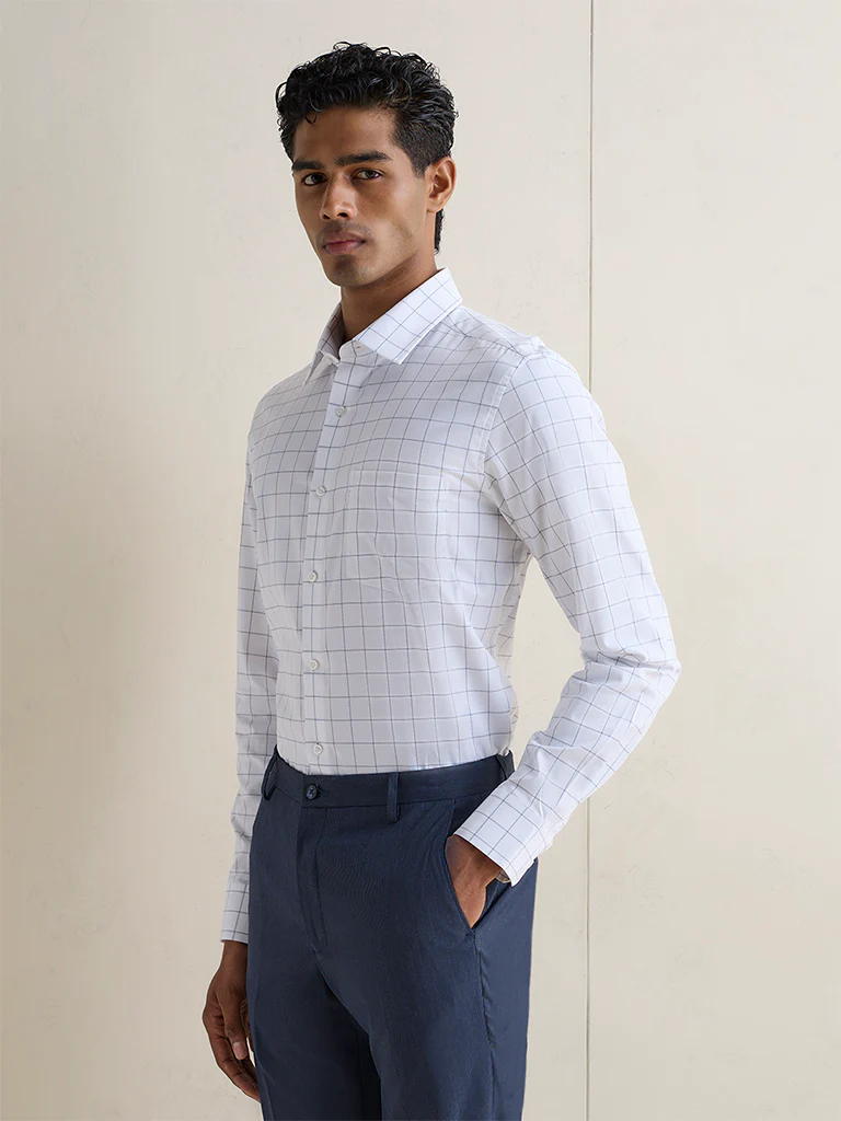 WES Formals Blue Checkered Slim-Fit Cotton Shirt