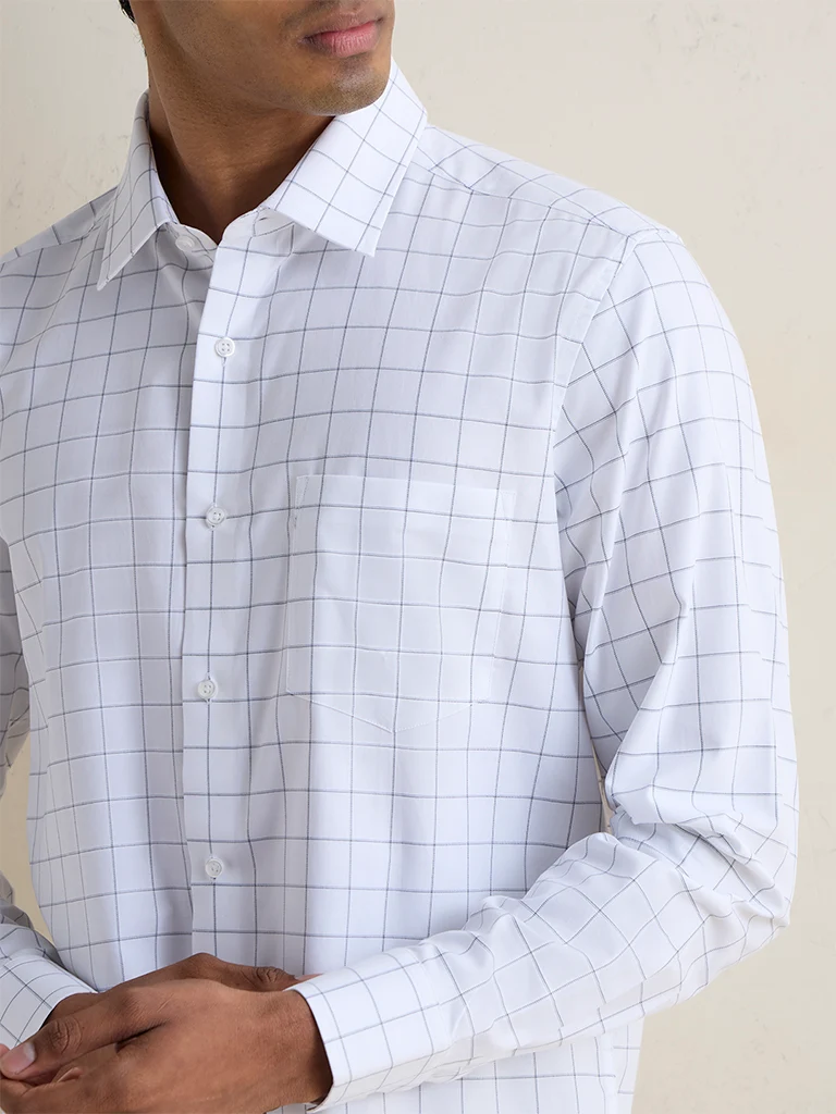 WES Formals Blue Checkered Slim-Fit Cotton Shirt
